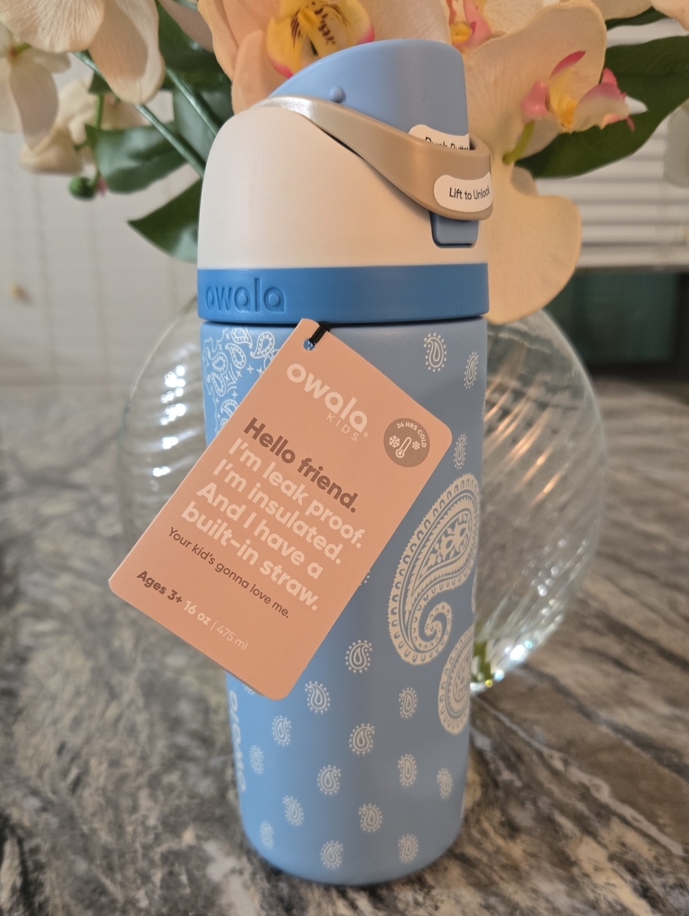Owala Kids Light Blue Paisley Insulated Straw Bottle 16oz